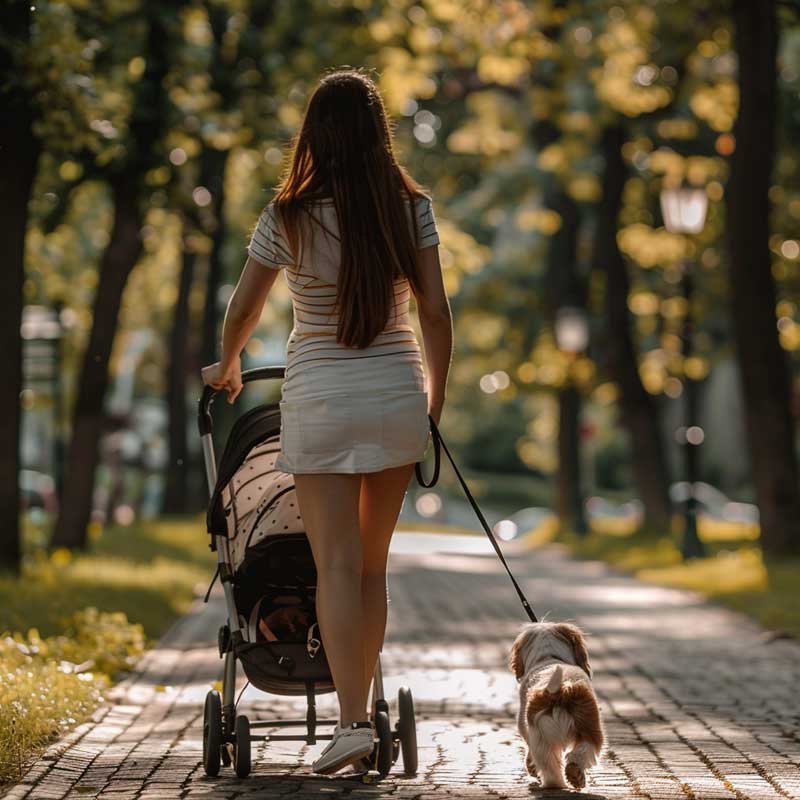 mamma con passeggino e cane al guinzaglio